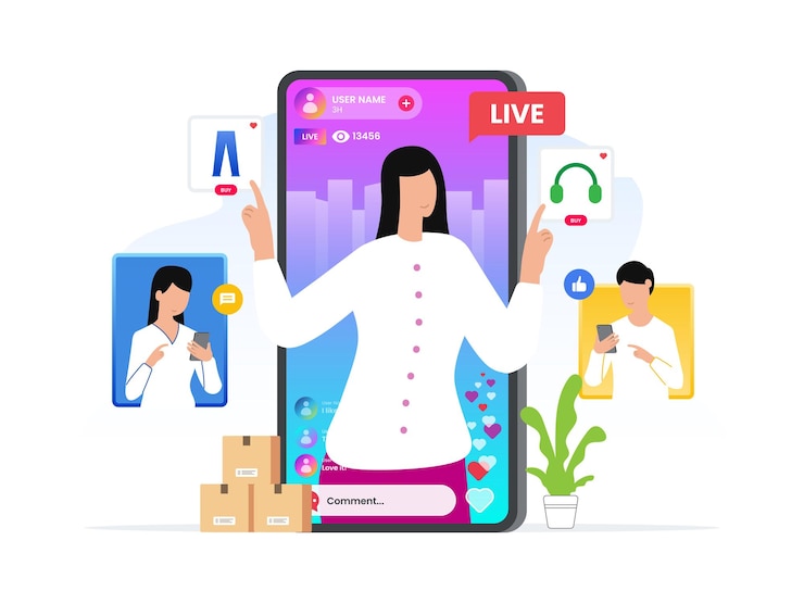 Vector selling items on the mobile screen using live social commerce and people are making purchases