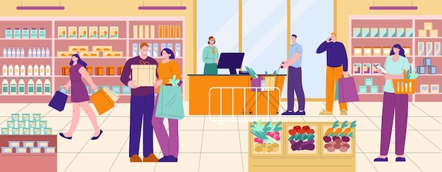 Продажа овощей в супермаркете с тележкой семейная покупка на рынке клиенты продуктового магазина мультяшные люди и полки с продуктами векторная сцена с иллюстрацией магазина супермаркета