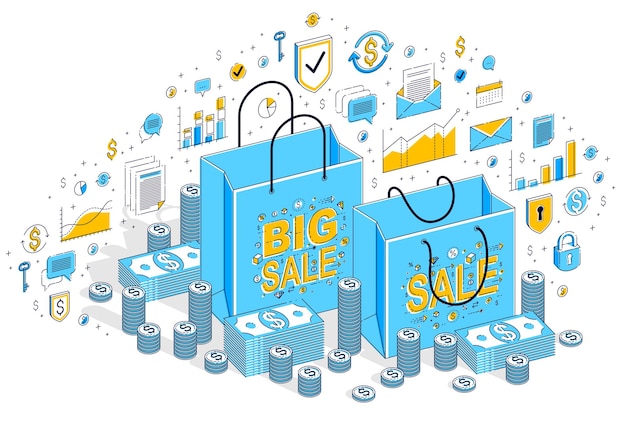 Concetto di svendita, vendita al dettaglio, grande vendita, borsa della spesa con pile di denaro contante e pile di monete isolate su bianco. illustrazione isometrica di finanza di vettore 3d con icone, grafici di statistiche ed elementi di design.