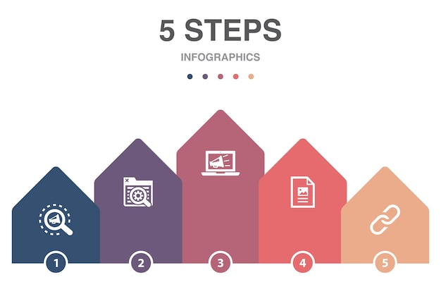 SEM Поисковая система Цифровой маркетинг Значки ссылок на контент Шаблон инфографического дизайна Креативная концепция с 5 шагами