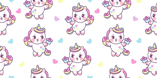 Modello semaless simpatico cartone animato di unicorno che tiene il bigné di compleanno per animali kawaii del partito