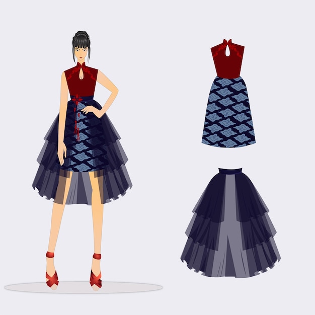 Vector semi formal batik dress design illustration