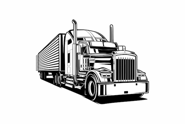 Vector semi trailer truck black and white