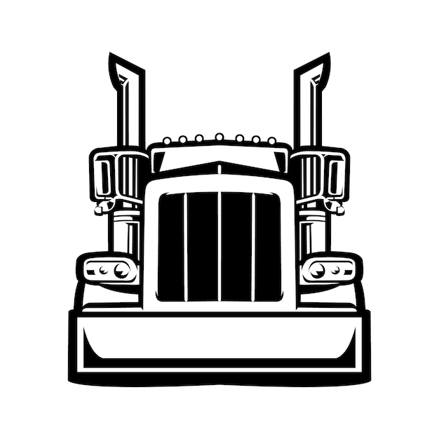 Vector semi truck silhouette front view black and white vector art in white background