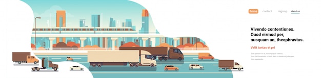 Semi truck trailers driving highway road cars lorry over city background delivery cargo concept flat copy space banner vector illustration