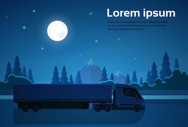 Vector semi truck with trailer driving over natural landscape at night banner with copy space