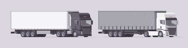 Semi trucks set. Truck carrying tilt trailer & truck carrying refrigerator trailer. Isolated european tractors with trailers on light background. 