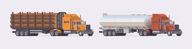 Vector semi trucks set. truck carrying timber trailer & truck carrying gasoline trailer. isolated european tractors with trailers on light background.