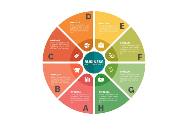 Semicircular pie chart divided into 6 colorful sectors concept of six features of startup project