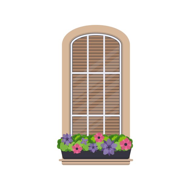 Vector semicircular window with flowers in a flat style. window with shutters. vector