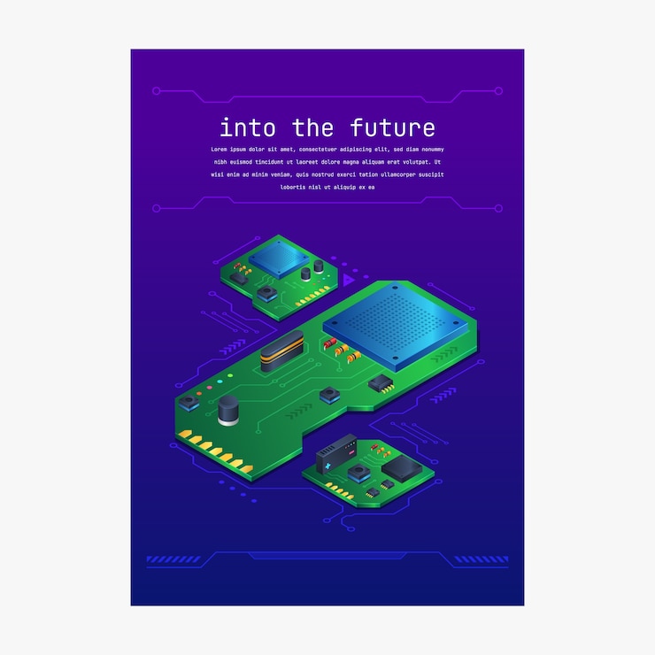 Vector semiconductor chip poster in isometric view