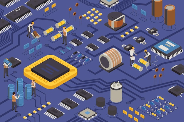 Vettore illustrazione isometrica di produzione di elementi semiconduttori