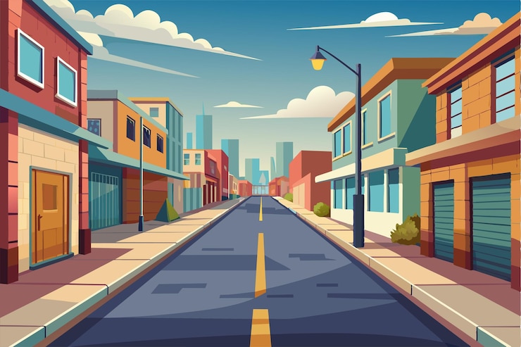 Vector a semiflat illustration of an empty city street with buildings on either side empty street customizable semi flat illustration