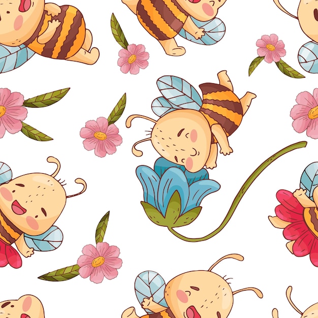 Semless pattern with cute bee flowers and hunny isolate on a white background Vector art in cartoon sketch style