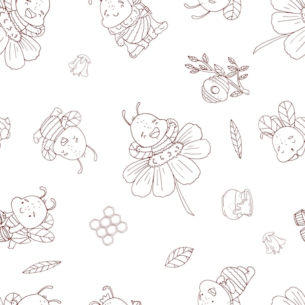 Semless pattern with cute contour bee flowers and hunny isolate on a white background Vector art in cartoon sketch style