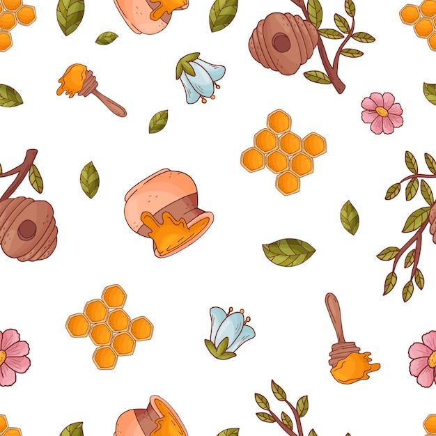 Semless pattern with cute flowers and hunny isolate on a white background Vector art in cartoon sketch style