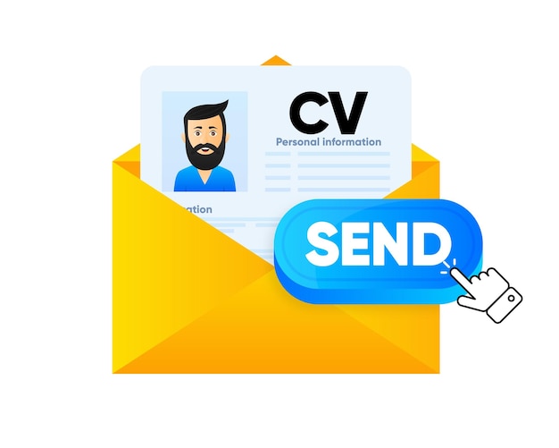 Per inviare un cv modello di curriculum da inviare via e-mail pulsante invia cv il concetto di lavoro e ricerca di lavoro illustrazione vettoriale