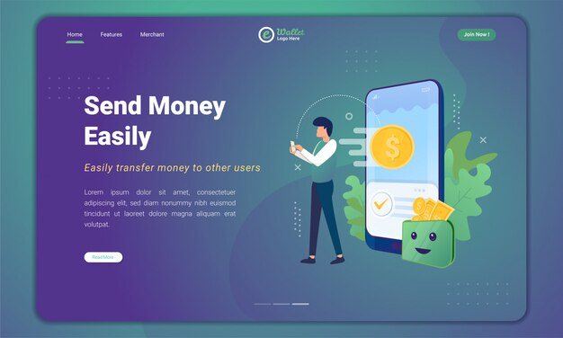 Vector send money easily to digital wallet application on landing page template