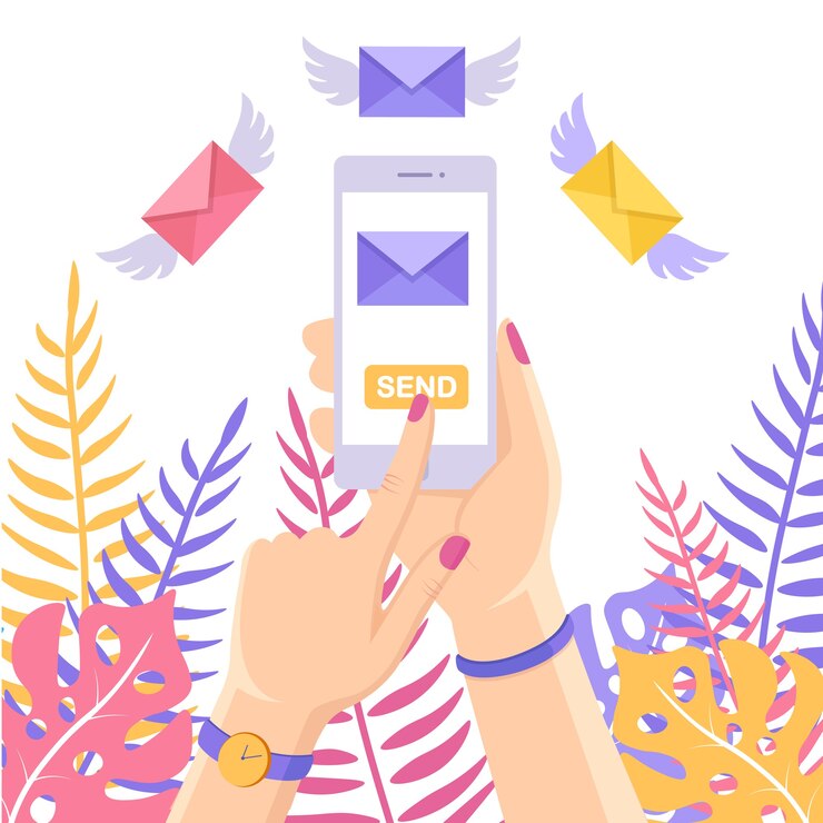Vector send or receive sms, letter, message with white mobile phone. human hand hold cellphone. flying envelope with wings