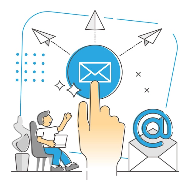 Отправка электронных писем как широко распространенная концепция одноцветного контура обмена сообщениями. почтовый ящик для почтового письма исходящей информации векторные иллюстрации. используйте технологии для рассылки спама, маркетинга и уведомлений