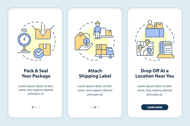 Vector sending parcel guide for clients onboarding mobile app screen