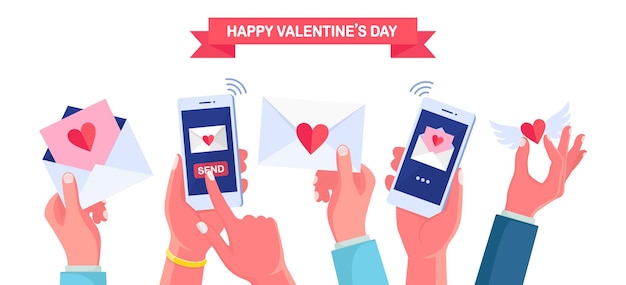 Sending or receive love letter, message, sms by phone. Happy valentines day. Envelope with red heart