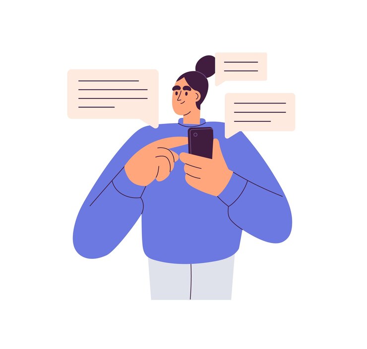 Вектор отправка и получение сообщений комментарии на мобильном телефоне женщина, использующая смартфон чтение отзывы онлайн чат мессенджер коммуникационная концепция плоская векторная иллюстрация изолирована на белом фоне