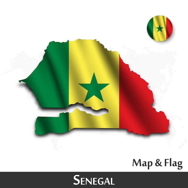 Mappa e bandiera del senegal. agitando il design tessile. dot mappa del mondo di fondo. vettore