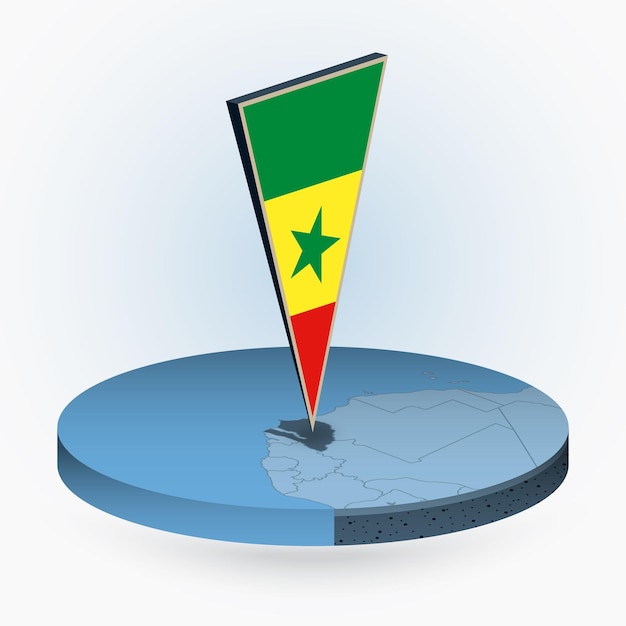 Senegal map in round isometric style with triangular 3D flag of Senegal