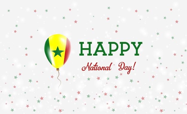 Manifesto patriottico della festa nazionale del senegal. palloncino di gomma volante nei colori della bandiera senegalese. sfondo di festa nazionale del senegal con palloncino, coriandoli, stelle, bokeh e scintillii.