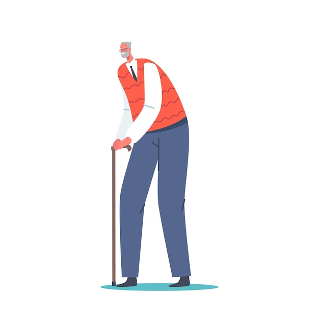 Senility Old Ages Concept Senior Man Aged Grandfather Moving with Help of Walking Cane Elderly Grey Haired Character