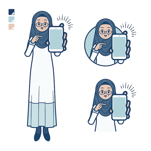 Una donna araba anziana con offri immagini di uno smartphone