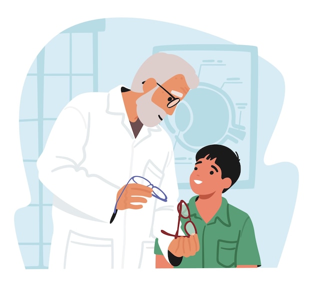 Senior arts oogarts mannelijke karakter bril geven kleine jongen visie ziekten behandeling en diagnostiek concept patiënt bij arts oogarts afspraak cartoon vector illustratie