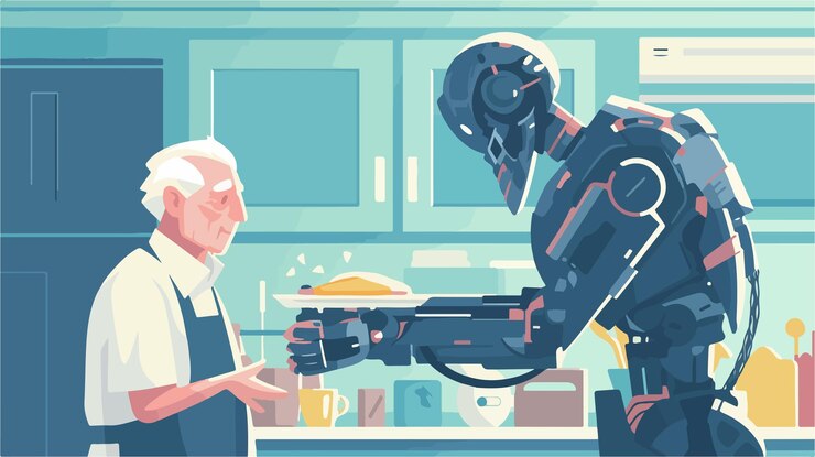 Vector senior caucasian woman receiving food from robot assistant in home setting