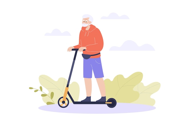 Senior character riding electric scooter outdoors