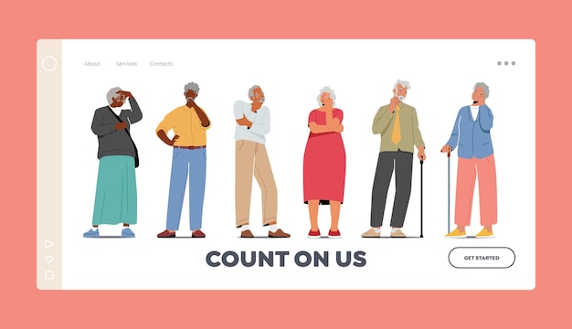 Senior Characters Thinking Landing Page Template Forgetful People with Alzheimer Disease Confused Pensive People