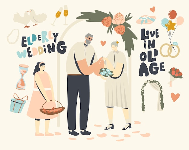 Vector senior characters wedding ceremony. happy bridal couple man and woman getting married changing rings. aged bride and groom holding hands. newlywed people, love relations. linear vector illustration