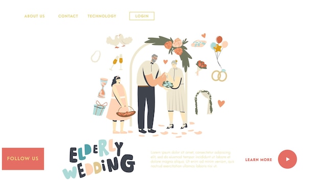 Vector senior characters wedding ceremony landing page template. happy bridal couple getting married changing rings. aged bride and groom holding hands. newlywed people relations. linear vector illustration