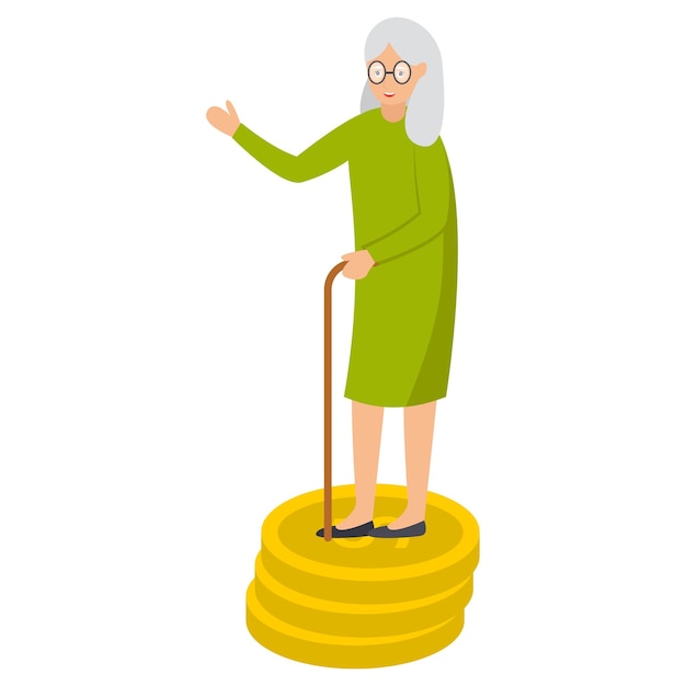 Vettore anziano che tiene il bastone e sta in piedi su una pila di monete disegno di icone vettoriali assistenza economica