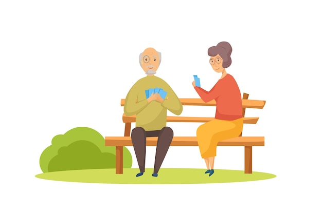 Senior citizens play cards sitting on a bench in the park Vector cartoon illustration