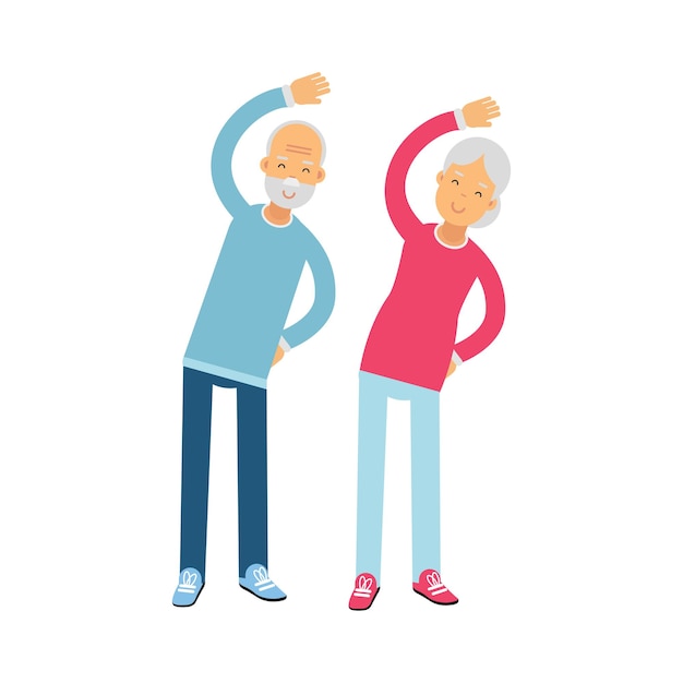 Senior couple characters doing exercises, physical activity benefits for older adults colorful vector Illustration on a white background