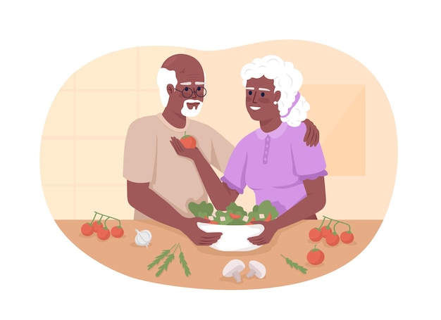 Senior couple cook dinner in kitchen 2D vector isolated illustration