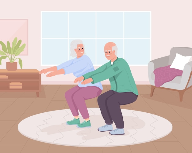 Vector senior couple doing sit ups at home flat color vector illustration