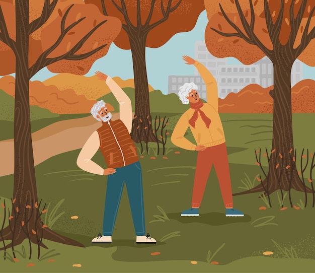 Senior couple exercise in a park healthy retirement life concept vector illustration autumn outdoor