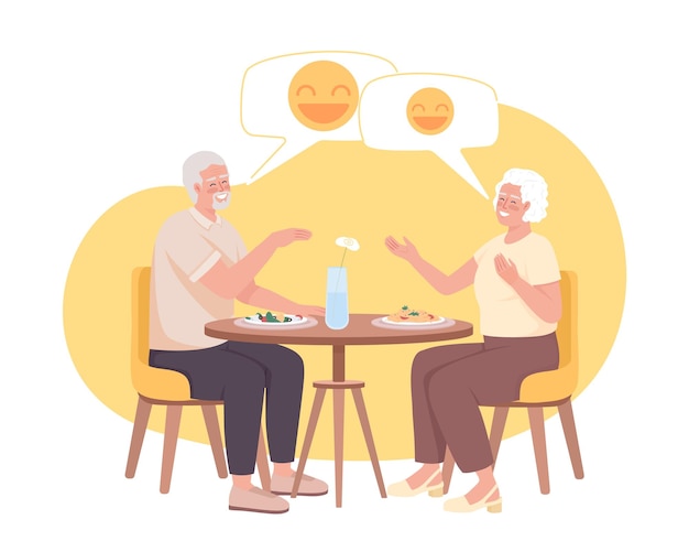 Vector senior couple having dinner together and laughing 2d vector isolated illustration