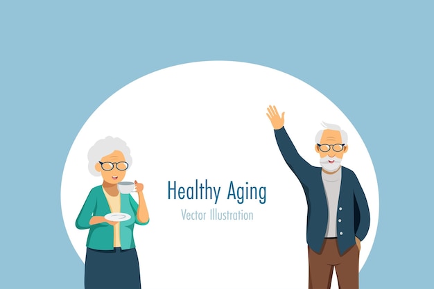 Старшая пара в счастливой манере здоровое старение активные пожилые люди и здравоохранение вектор