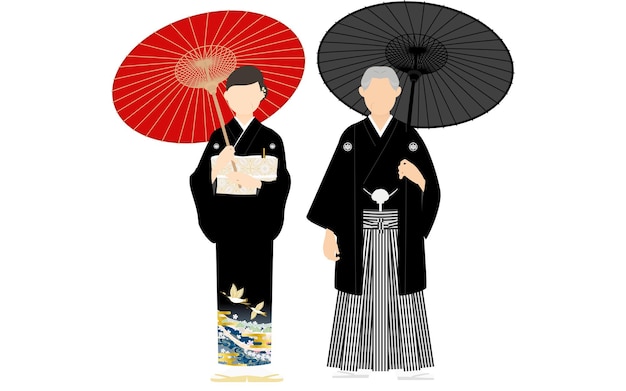 傘、紋付袴、黒留袖の着物姿のシニア夫婦