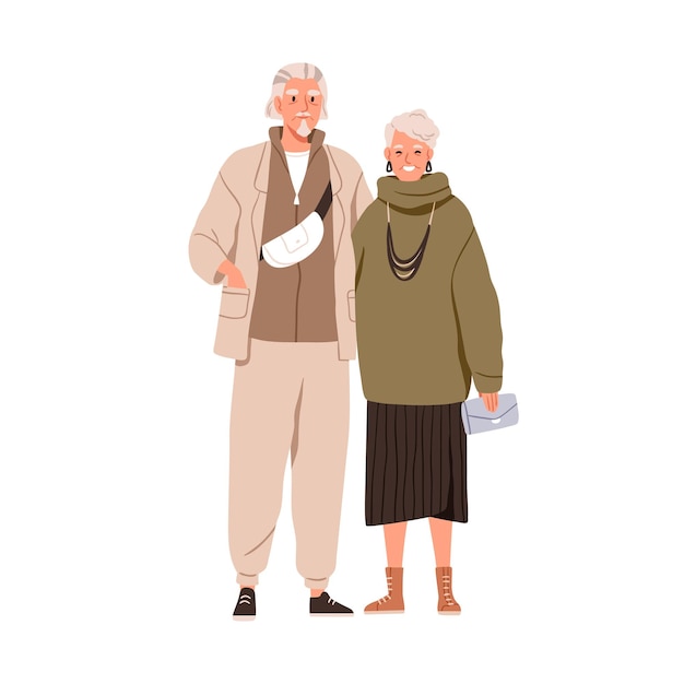 현대적인 트렌디한 캐주얼 의류를 입은 행복한 노인 남녀의 노부부. 세련된 옷을 입은 늙은 배우자, 건슈즈. 평면 그래픽 벡터 일러스트 레이 션 흰색 배경에 고립.