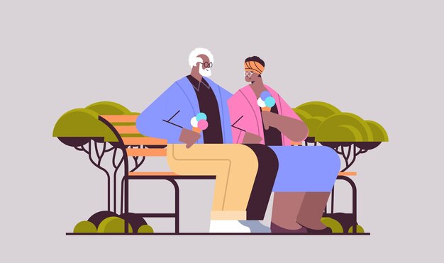 Senior couple sitting on bench and eating ice cream happy african american grandparents spending time together in park horizontal full length vector illustration