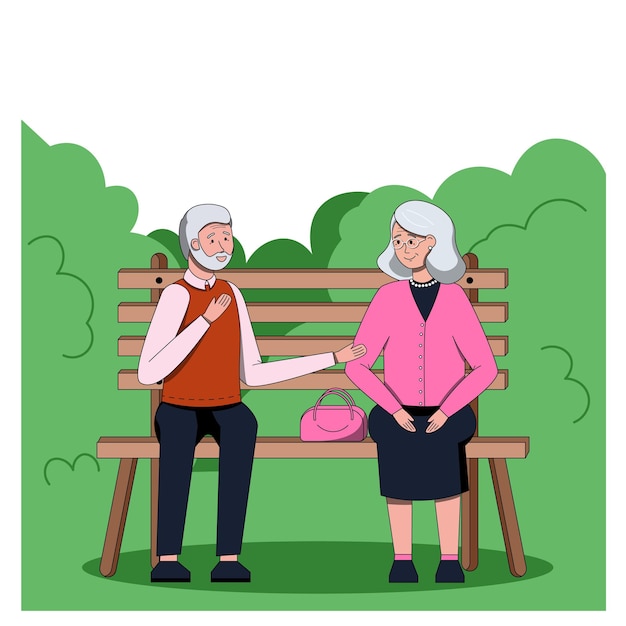 senior couple sitting on a park bench and talking elderly man and woman spending time outdoors